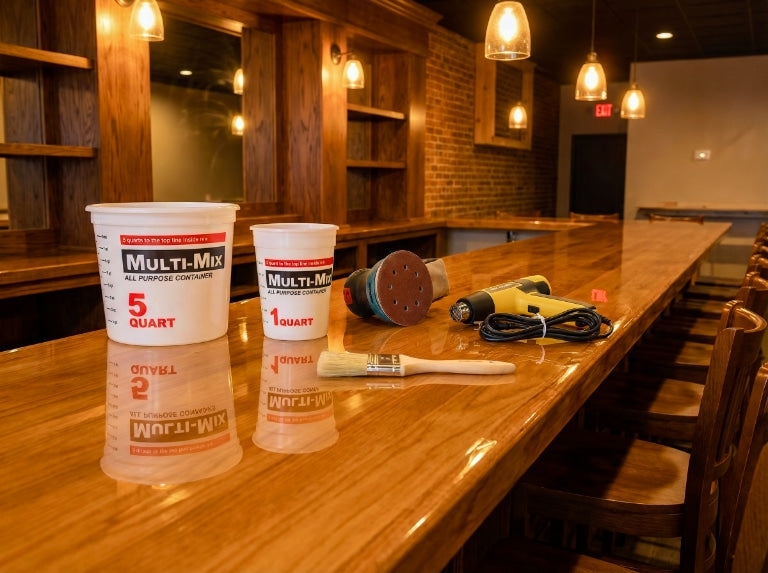 A glossy epoxy bar top in a renovated bar displays a 5-quart and 1-quart mixing container, an orbital sander, a coiled corded heat gun, and a 2-inch paintbrush, all reflected in the shiny surface.