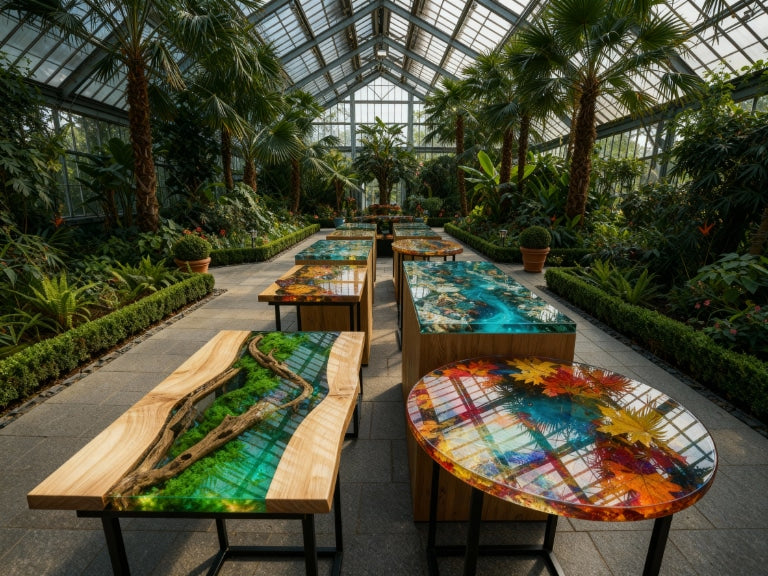A collection of vibrant epoxy tables with natural inlays displayed in a botanical conservatory filled with lush greenery and sunlight.