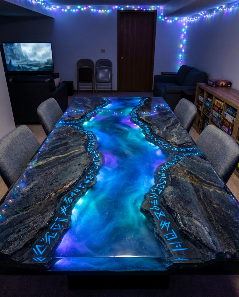 Deep-pour epoxy gaming table with a glowing blue-purple “portal river” between rocky slabs, lined with bright runic symbols in a cozy rec room.