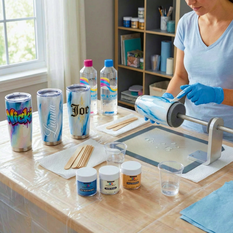 Woman wearing gloves is applying a clear epoxy topcoat to a blue-and-white epoxy tumbler on a cup turner at a covered worktable, with pigments, stir sticks, and epoxy bottles arranged nearby.