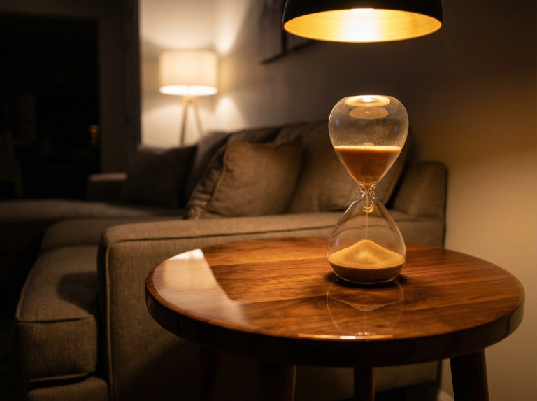 Oversized glass hourglass resting on a round epoxy-finished wood end table, sand flowing evenly under warm lamplight, highlighting a crystal-clear, mirror-smooth epoxy surface.