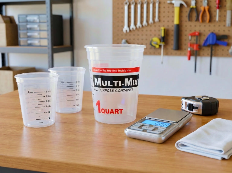 A 1-quart and two smaller graduated mixing containers on a workbench beside a digital scale, tape measure, and cloth in a tidy workshop setting.