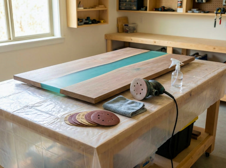 A workshop table covered in plastic with a partially sanded epoxy river table, an orbital sander, sanding discs in multiple grits, a microfiber cloth, and a spray bottle arranged neatly.