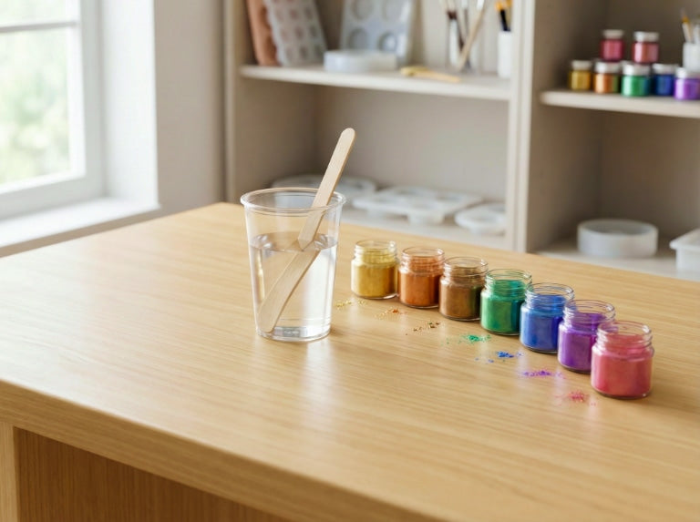 Small jars of mica powder arranged in a rainbow row on a clean worktable beside a clear cup of water with a wooden stir stick.