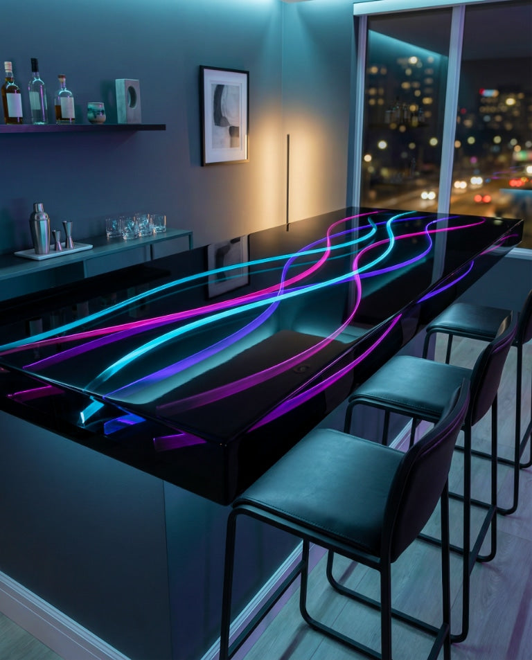 High-gloss black epoxy bar top with flowing neon ribbon streaks (cyan, magenta, violet) embedded under the surface in a modern home lounge bar.