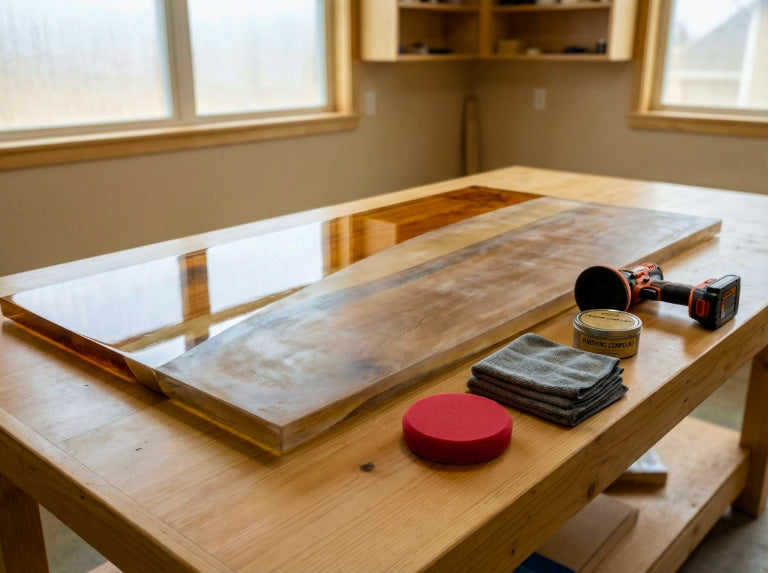 A large epoxy-coated panel sits on a workshop table, showing a matte sanded section and a glossy finished section. Nearby are a cordless buffer, a can of polishing compound, a stack of microfiber cloths, and a red foam polishing pad.