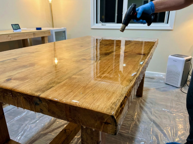 A person in blue gloves uses a heat gun to remove tiny air bubbles from a freshly poured clear epoxy flood coat on a rustic wooden table. The workspace is prepped with plastic sheeting on the floor, a dehumidifier in the corner.