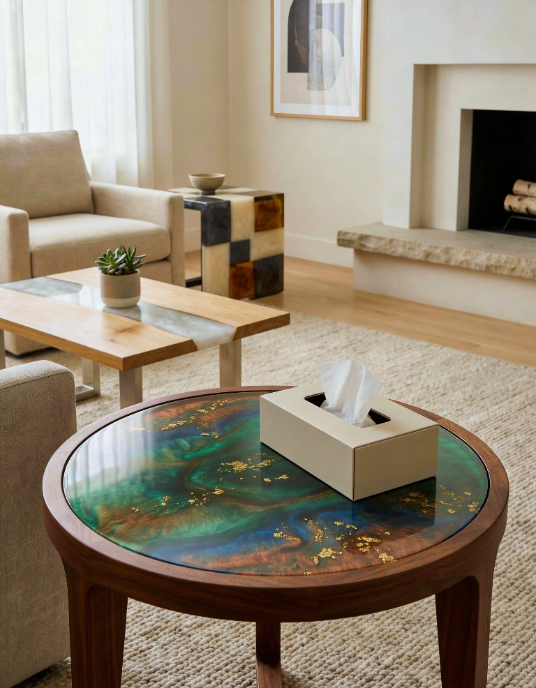 Round wooden epoxy end table with a deep green-blue resin top and gold flecks in a cozy living room, positioned beside a sofa with a fireplace in the background.
