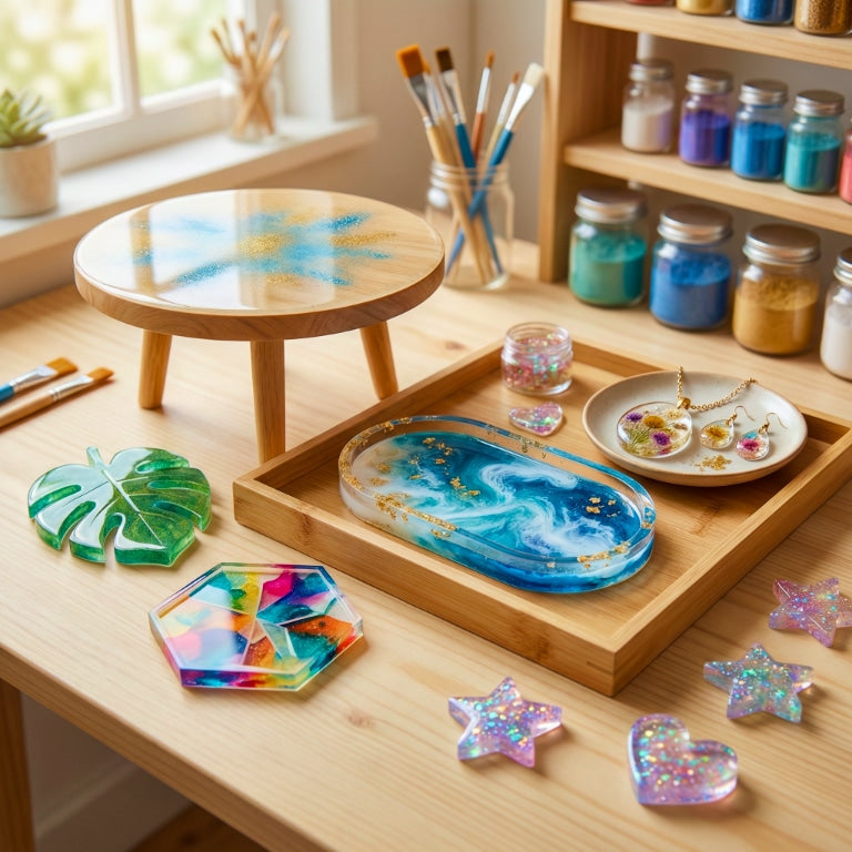 Assorted resin art projects on a craft table, including a mini round epoxy table, resin tray, jewelry dish, and colorful resin shapes with pigment jars nearby.