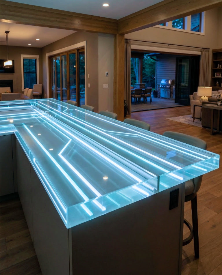 Illuminated deep-pour epoxy bar top with crisp linear light channels glowing cyan inside a thin clear slab in a modern open-plan home.