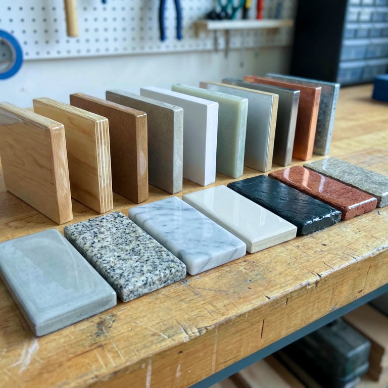 Assorted wood, stone, and composite material samples arranged upright on a workshop bench for epoxy bonding comparison.