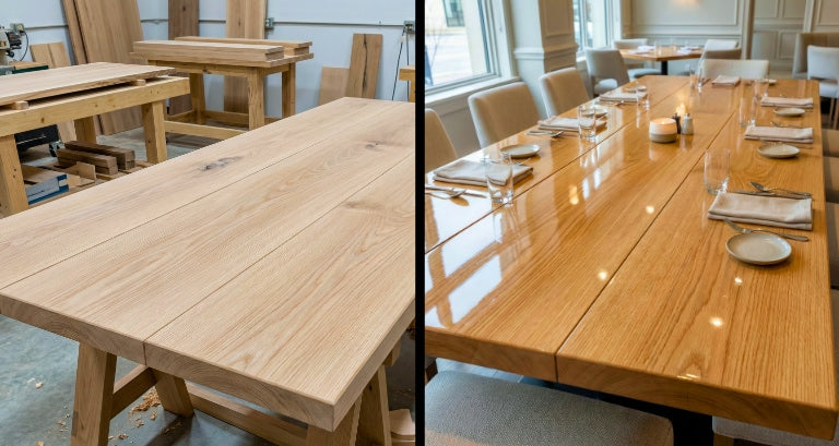 Side-by-side before-and-after image of a white oak restaurant table — raw and unfinished in a workshop on the left, and sealed with a crystal-clear epoxy finish in an elegant dining space on the right.