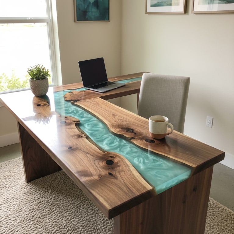 L-shaped walnut desk with light aqua epoxy river, laptop, and mug in a bright home office with minimal modern décor.