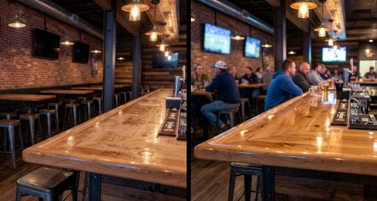 Side-by-side before-and-after of a sports bar wood bar top, showing a worn, matte surface on the left and a crystal-clear epoxy-finished bar on the right with smooth, glossy reflections and visible wood grain.
