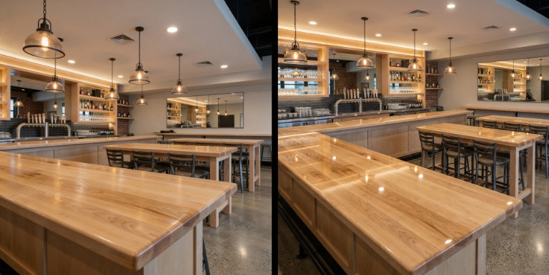 Side-by-side before-and-after of a commercial bar and communal tables, showing a muted wood finish on the left and a crystal-clear epoxy finish on the right with brighter reflections and enhanced wood grain.