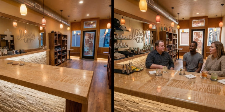 Before-and-after distillery tasting room featuring a wood tasting bar transformed with a crystal-clear epoxy finish that enhances grain detail, adds rich reflections, and creates a more polished guest experience.
