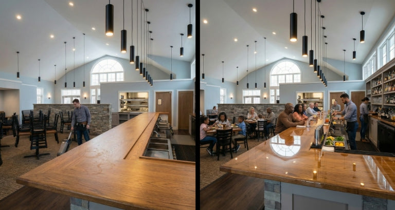 Before-and-after restaurant bar showing a wood bar top transformed with a crystal-clear epoxy finish that creates rich reflections, enhances grain detail, and complements a busy dining room.
