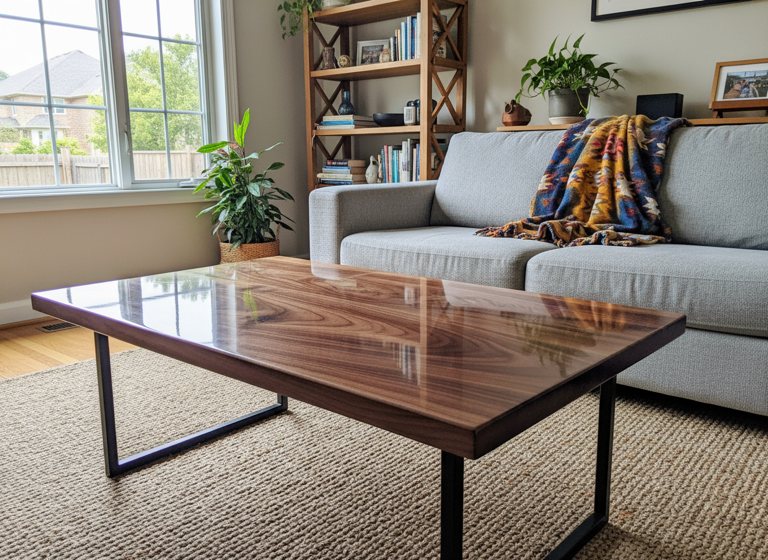 A sleek wooden coffee table with a glossy epoxy finish sits in a bright living room with a gray sofa, colorful throw blanket, bookshelf, and large window letting in natural light.