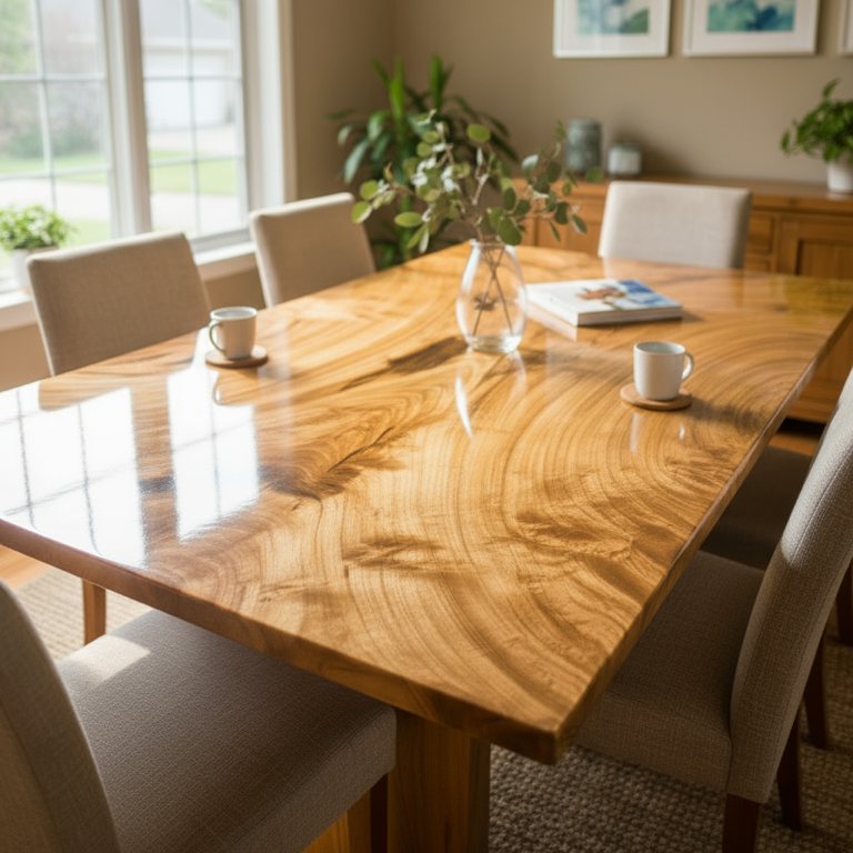 A bright dining room featuring a rectangular wooden table with a glossy epoxy finish, surrounded by beige upholstered chairs and softly lit by natural light streaming through large windows.