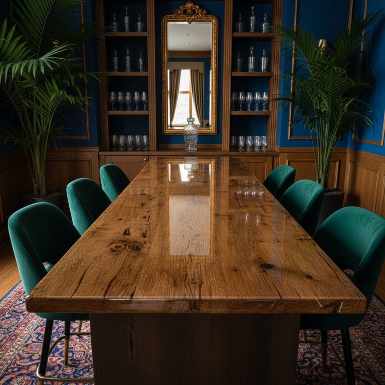 A stunning epoxy bar top with a thick wooden substrate of natural wood and a rustic aesthetic.