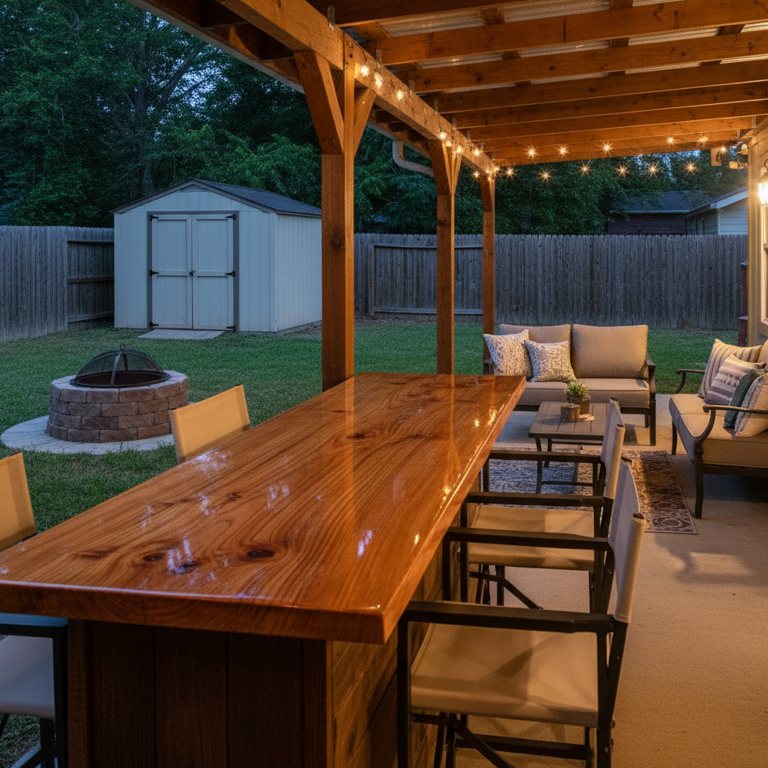 Outdoor patio bar top with a glossy UltraClear Epoxy finish under a wooden pergola, surrounded by string lights, chairs, and cozy seating.