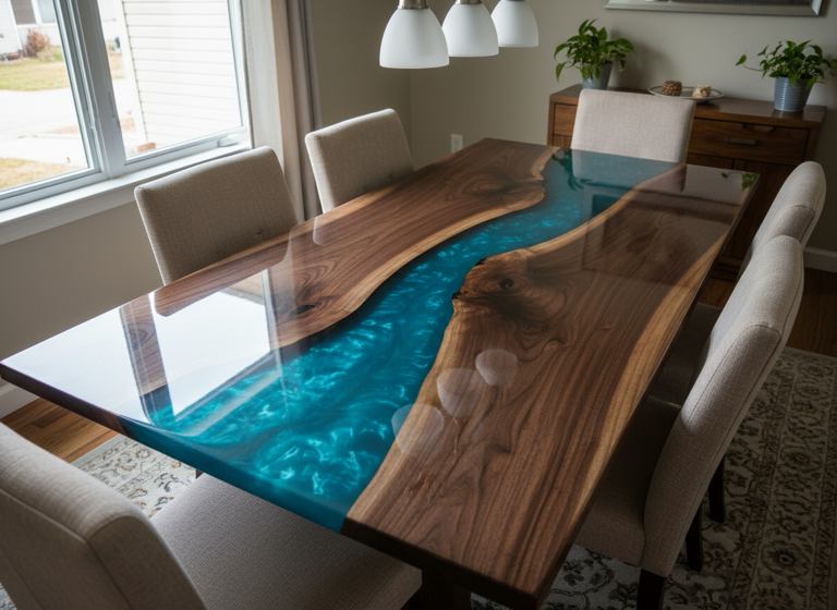 A walnut dining table with a shimmering blue epoxy river flowing through its center, surrounded by beige upholstered chairs in a sunlit dining room with soft natural décor.