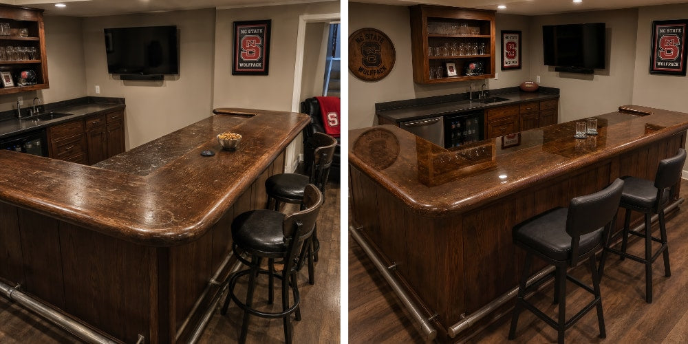 Before-and-after comparison of a homeowner’s NC State-themed basement bar, showing a worn wooden bar top transformed with a crystal-clear epoxy finish that highlights the wood grain and reflects the room’s lighting.