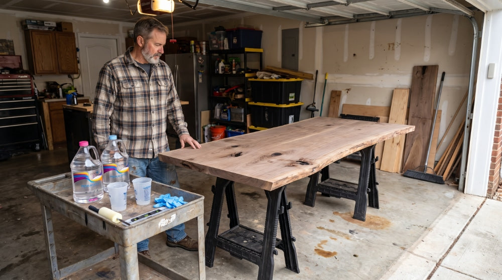 Homeowner inspecting an unfinished wood tabletop on sawhorses beside UltraClear Epoxy supplies in a well-used garage workshop.