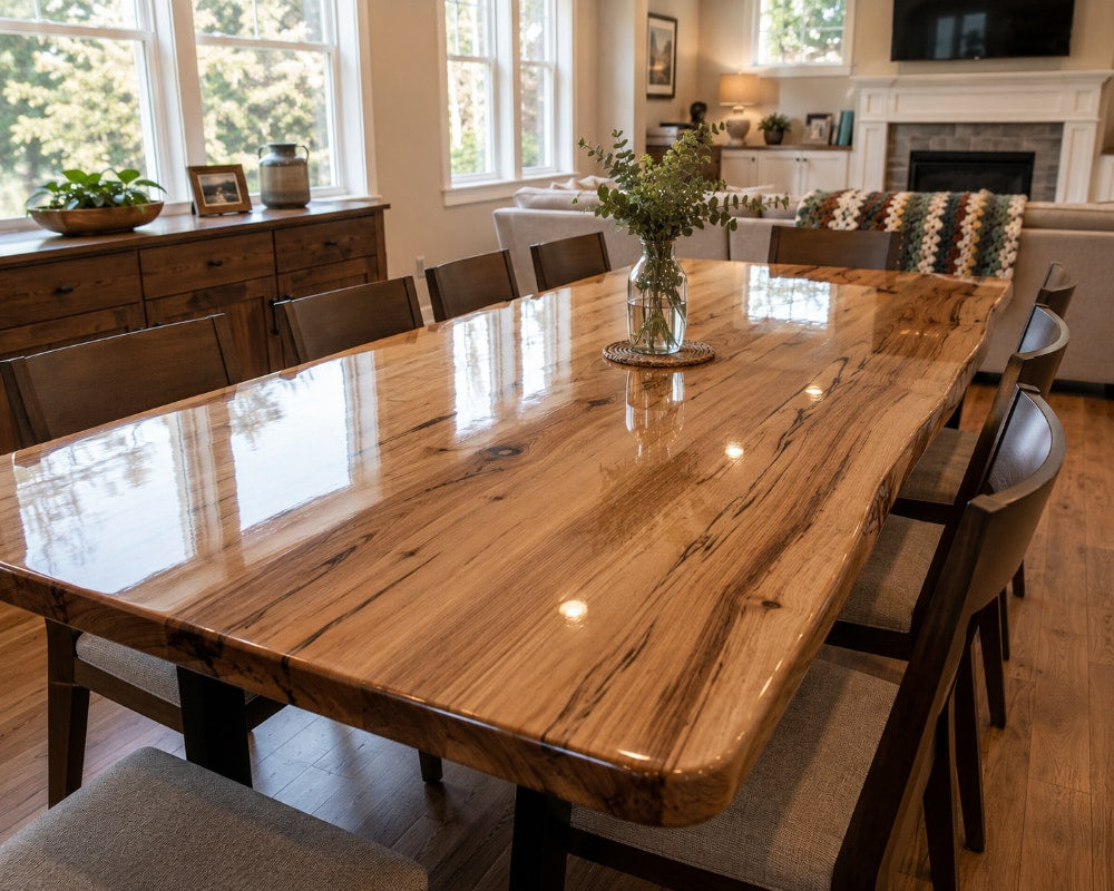 Large epoxy-coated live-edge dining table with a glossy clear finish in a bright, open-concept home dining room.