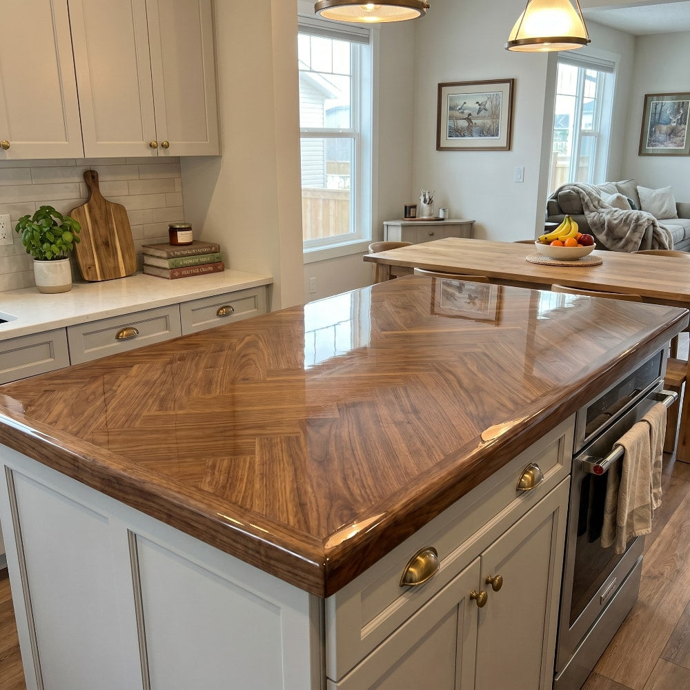 Epoxy-coated walnut herringbone kitchen island with a glossy finish reflecting daylight in a bright, open-concept home.