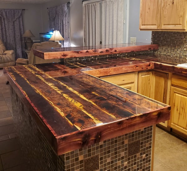 A wooden epoxy kitchen countertop, with a coating of premium UltraClear Bar Top Epoxy