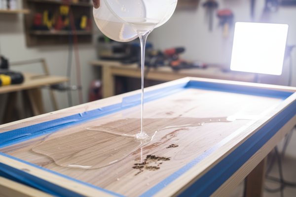 Epoxy being poured onto a small, unfinished segment of a wooden bar top.