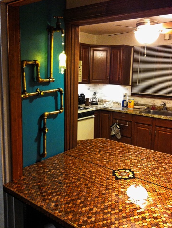 An epoxy penny countertop with window
