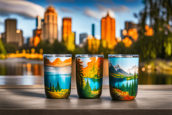 Three epoxy tumblers with scenic nature imagery painted beneath the resin surface.