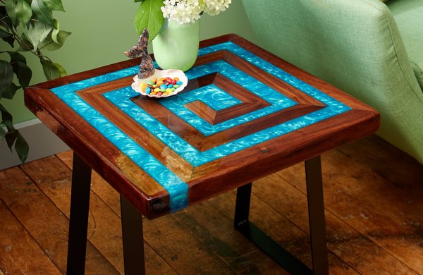 An epoxy table top with blue epoxy