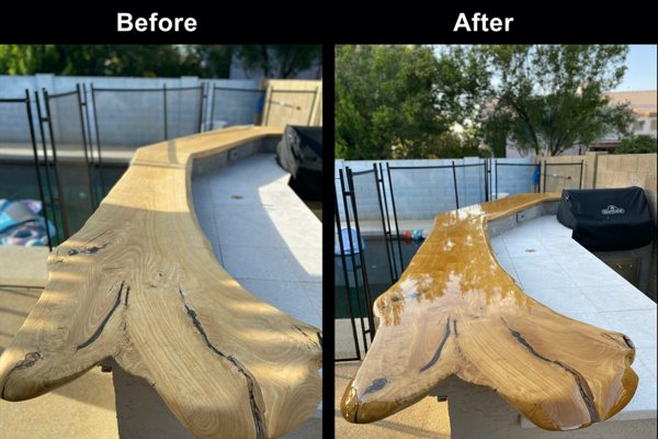 Side-by-side before-and-after photos of an outdoor live-edge bar top. On the left is the bar before receiving an UltraClear Bar & Table Top Epoxy finish. On the right is the same bar, after it has.