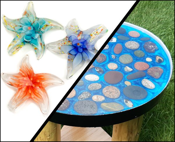 A few colored resin crafts and a colored epoxy tabletop.