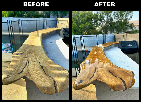 Before and after photo of an outdoor epoxy bar top