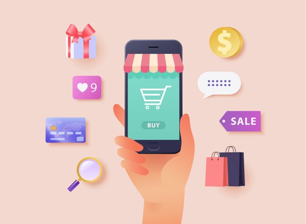 An image of a hand holding a phone with several conceptual icons related to shopping surrounding it.