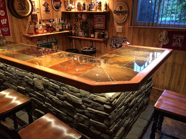 An epoxy resin bar top with a high-gloss, crystal-clear finish.