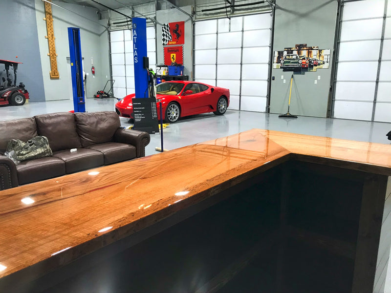 An epoxy bar top in a large warehouse room