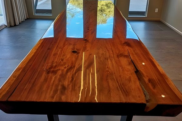 A large wooden epoxy dining table with a beautiful UltraClear Bar & Table Top Epoxy finish.