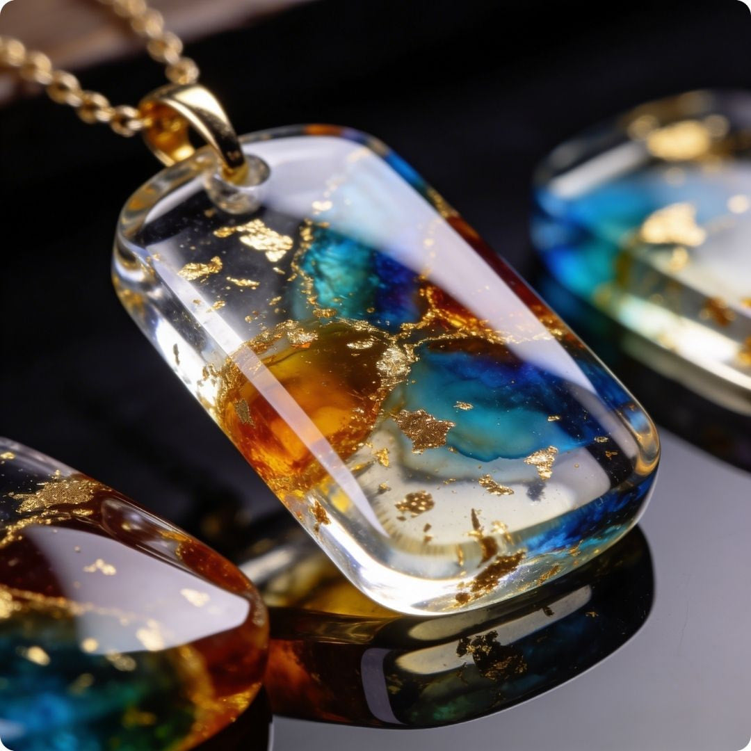 pendant with blue and gold accents on a reflective surface