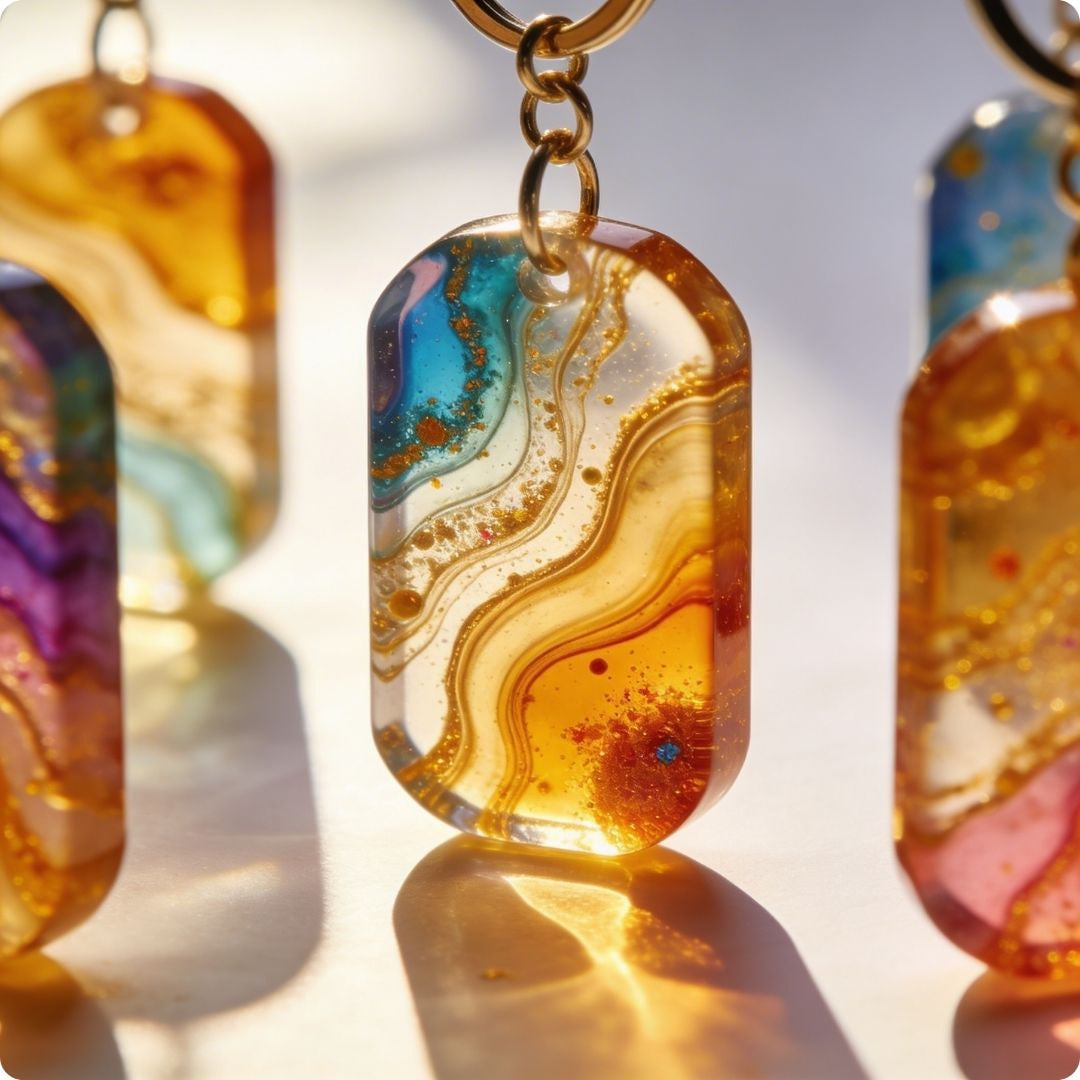 Colorful resin keychains with gold keychains on a light background