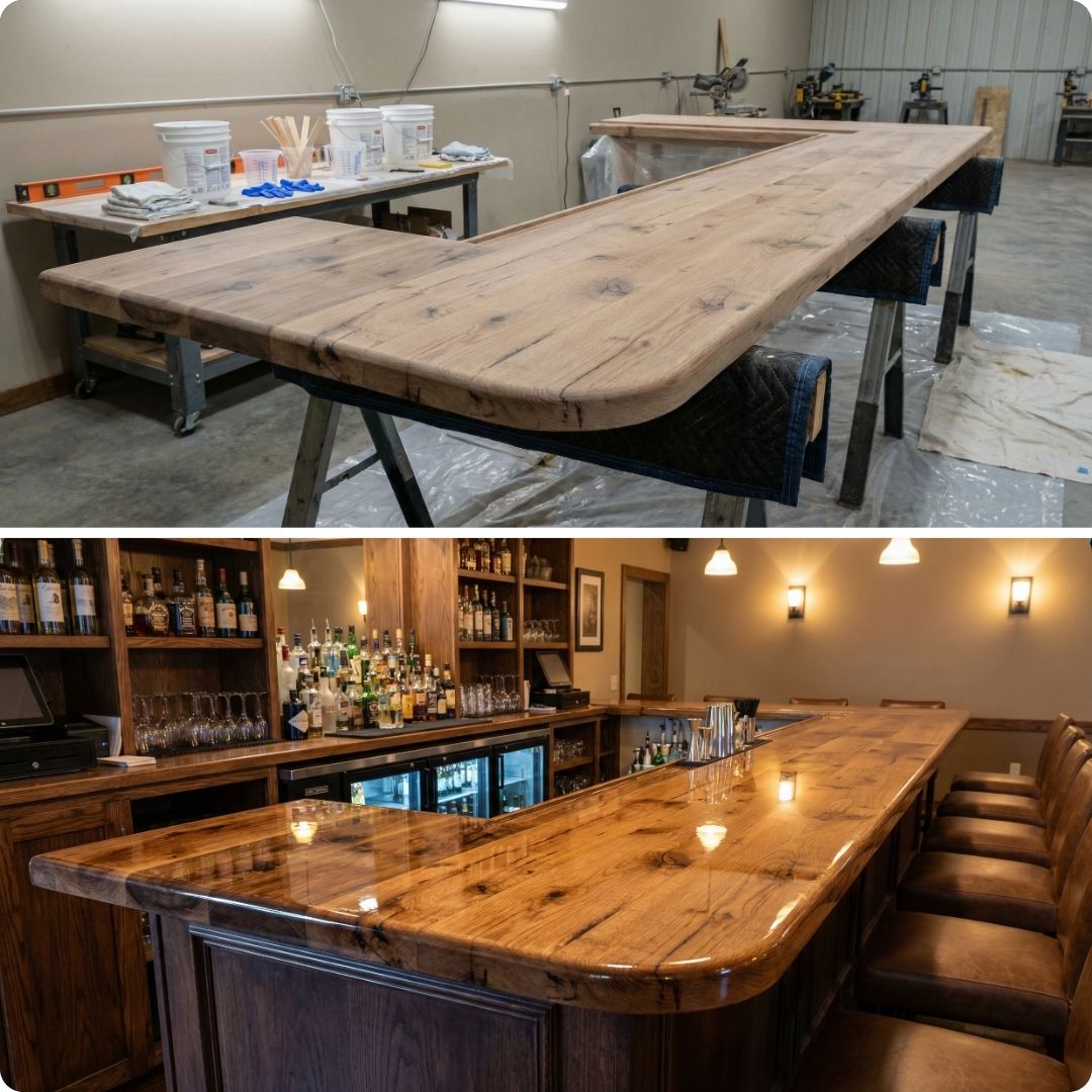 Raw wood bar becomes polished centerpiece