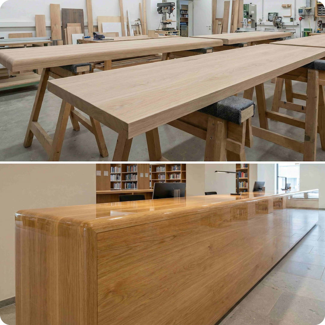 Wooden tables in a workshop and office setting
