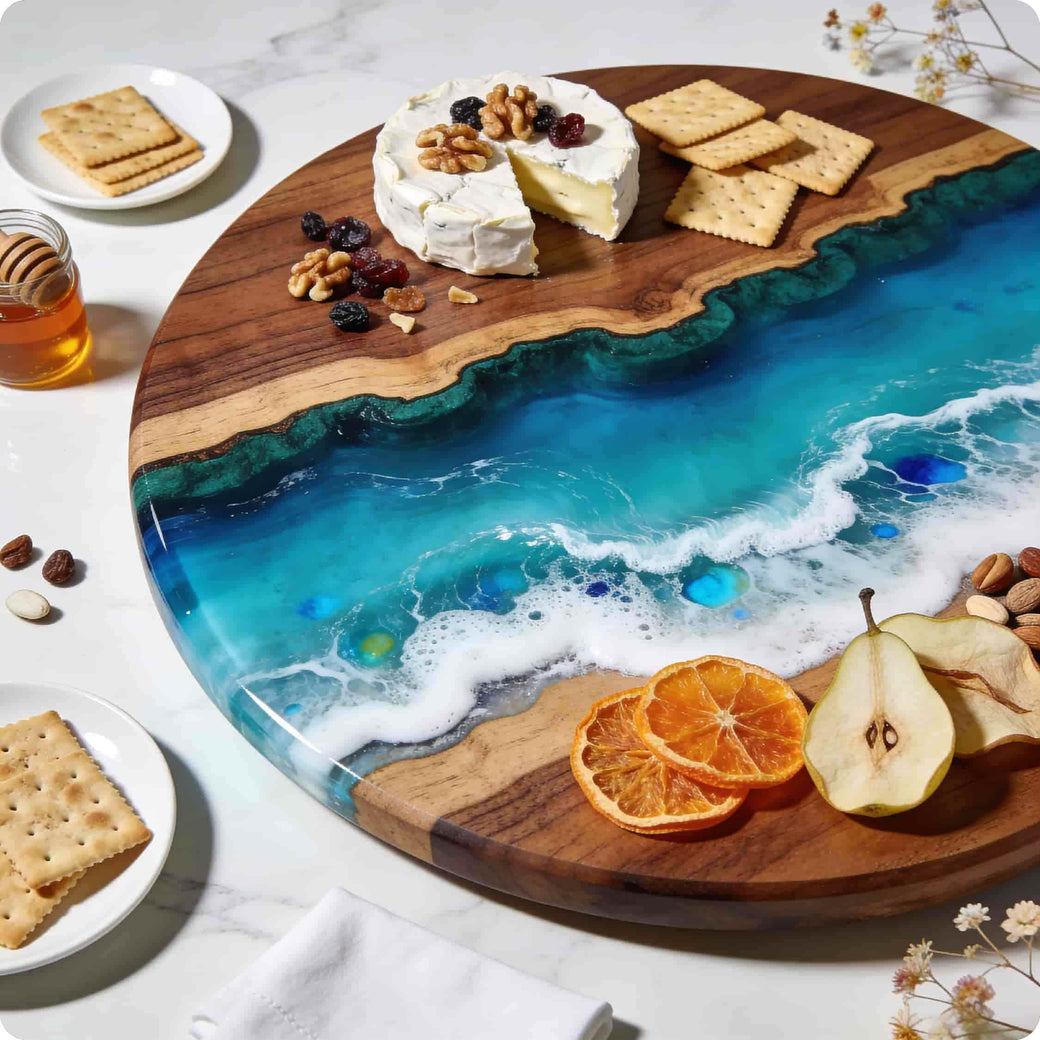 Wooden charcuterie board with a blue resin design, cheese, crackers, and fruit on a marble surface.