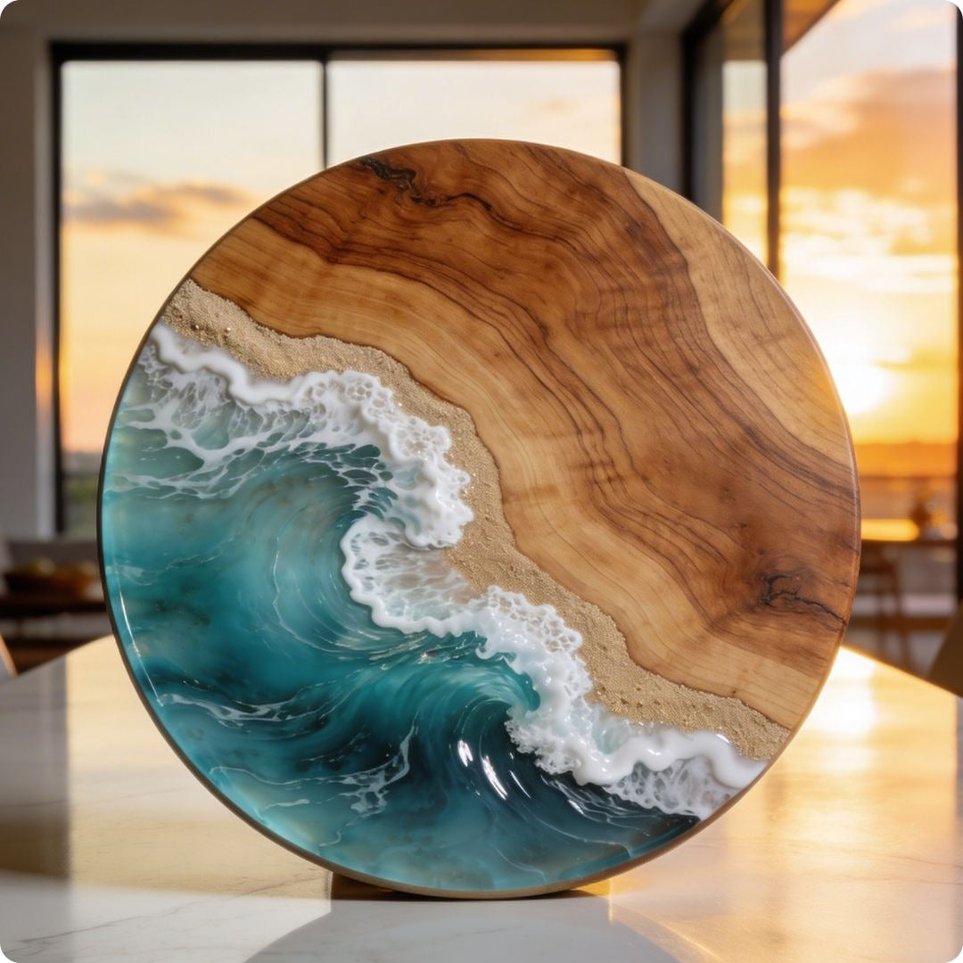 Wooden plate with ocean wave design on a blurred background