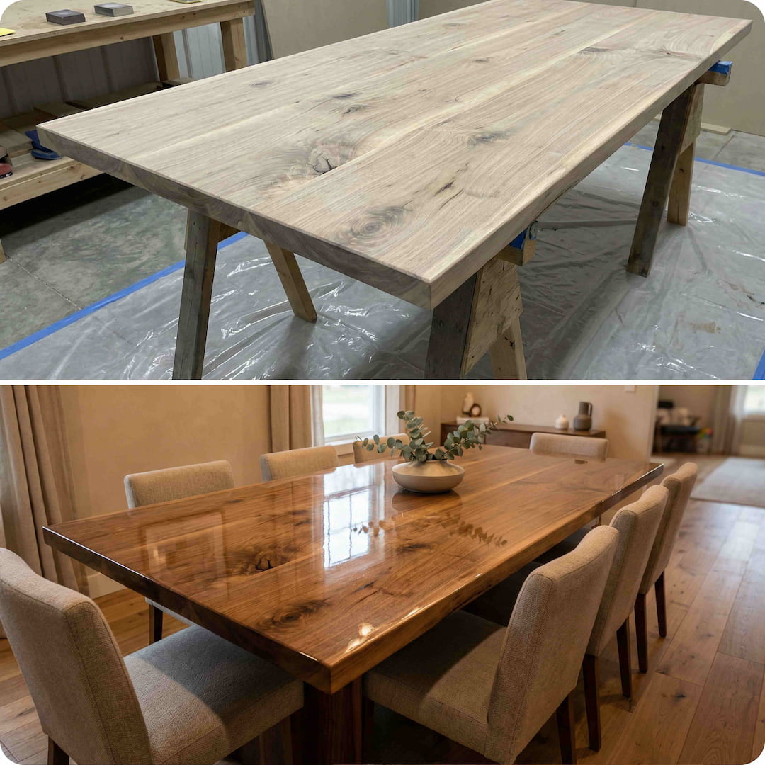 Top view of a wooden dining table in a workshop, bottom view in a room with chairs.
