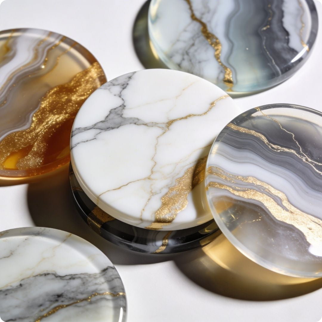 Marble-patterned coasters with gold accents on a white surface